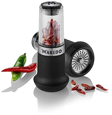 MAREDO Chili- und Gewürzschneider, Chilimühle mit extra scharfem Edelstahl-Schneidwerk und luftdichtem Aroma- Schutzdeckel für echtes Aroma