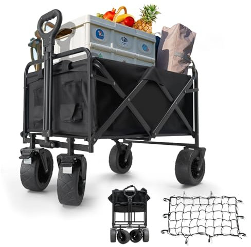 koity Carrello pieghevole da 150 l, resistente, con ruote flessibili, per tutti i terreni, con rete, 2 portabevande con freni, per spesa, spiaggia, shopping, campeggio, pesca, trasporto, nero