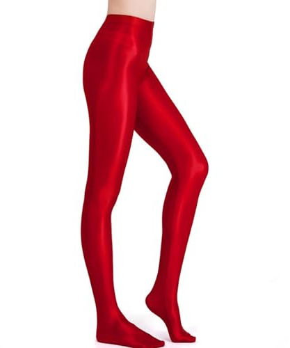 HTRUIYATY Glänzend Strumpfhosen Damen Seidenglatt Glitzer Strumpfhose mit Naht Hinten Tanzstrumpfhose ReißFest Satin Leggings Rot