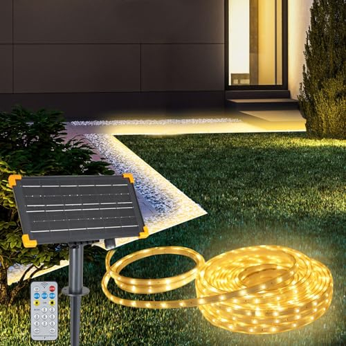 CCILAND 15m Solar LED Streifen für den Außenbereich, IP67 Wasserdicht Solar LED Strip, Außen Dimmbare LED Streifen mit 8 Modi Fernbedienung, Warmweiß
