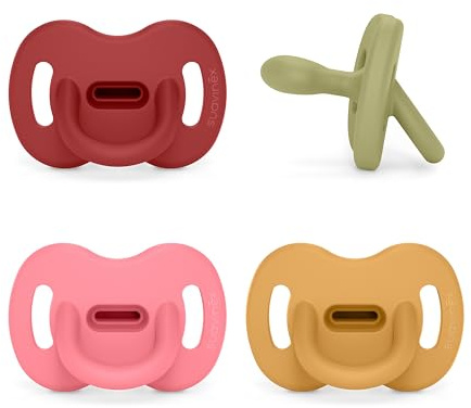 Suavinex, Lot 4 Sucettes Tout Silicone, pour Bébé 6/18 Mois, Sucette avec Tétine Symétrique SX Pro, Réversible, Super Douce et Souple, Idéal pour Dormir. Lake, Fuchsia, Honey, Chili