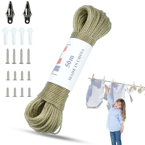 Doafoce 50M Cavo Stendibiancheria Filo per bucato con anima in acciaio, Cavo Stendere il Bucato Corda Stendi Biancheria Extra Resistente, per Famiglia, Esterno, Giardino, Campeggio