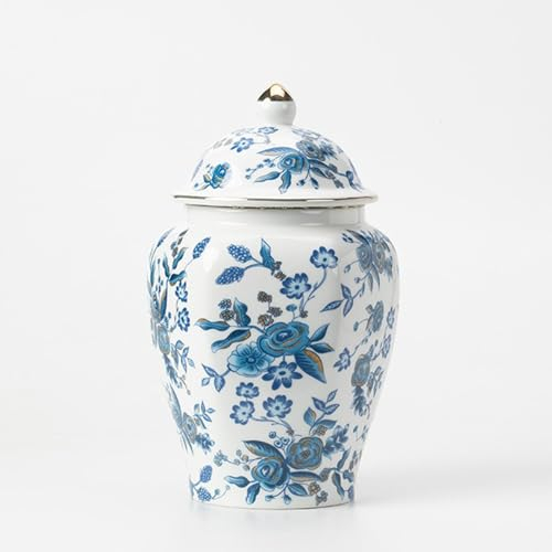 fanquare Blue and White Ginger Jars with Lids, Chinese Porcelain Tea Canister, Rose Flower Decorative Vase, Ceramic Storage Jar for Tea Coffee Sugar
