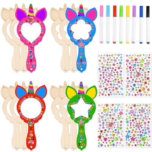 Licorne Miroir à Main Princesse En Bois De Bricolage, 24 Pcs Enfant à Peindre à Décorer, Kits D'Artisanat, Activité Manuelle Anniversaire Fille