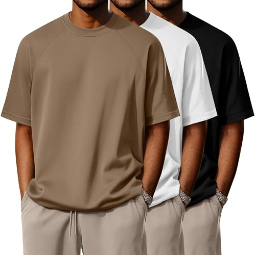 Ficerd 3 Pack Cotton Men's Oversized T Shirts Big and Tall Shirts Raglan Short Sleeve Crew Neck Plus Size Tee(Black, White, Khaki,Medium)
