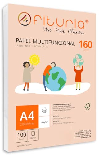 Paquete de folios A4 de 160gr con 100 Hojas Blancas, Papel Multifuncional para Uso Escolar y Entornos Laborales. Ideal con impresoras láser, de inyección o fotocopiadoras - Ofituria
