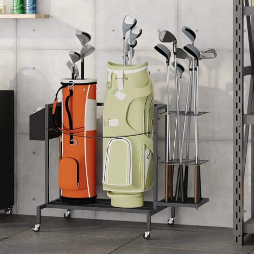 MAHANCRIS Golf Storage Rack, Golf Bag Storage Stand Fits 2 Golf Bags, Freestanding Golf Club Holder for Garage, Shed, Home, Basement, Other Golfing Equipment Accessories, Black ABEBK17501