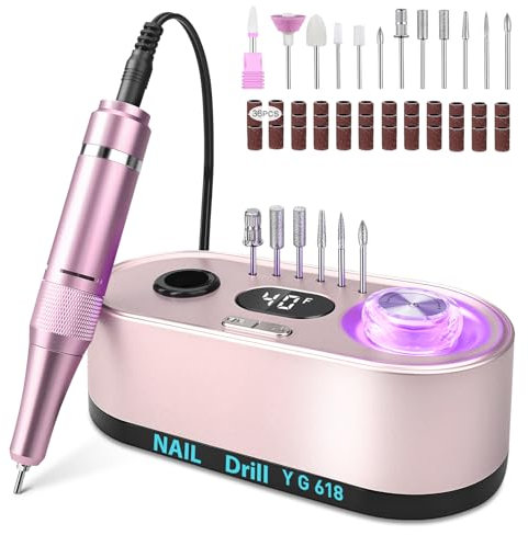 Ponceuse pour Ongles Professionnelle 40000 RPM 36 W, Urbuti 12 en 1 Ponceuse Ongles Portable avec Écran LCD & Support, Lime à Ongle Electrique Silencieux, Kit Manucure Pédicure pour Salon/Maison-Rose