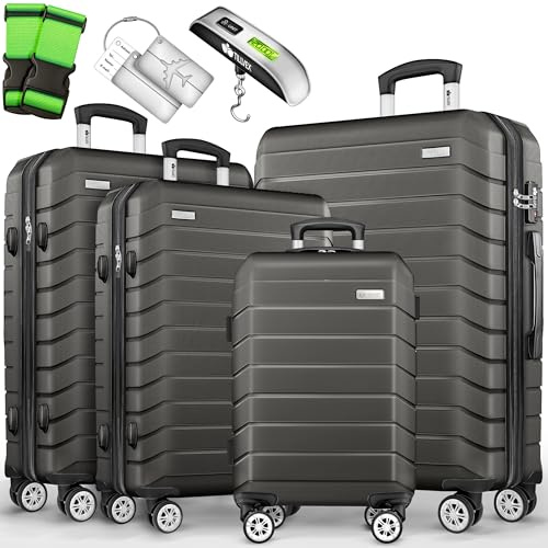 tillvex® Set 4 valigie rigide S-M-L-XL + bilancia, 4 cinghie e 4 etichette bagagli | Valigia da viaggio leggera con 4 ruote piroettanti | Guscio rigido in ABS con lucchetto TSA (Grigio/Antracite)