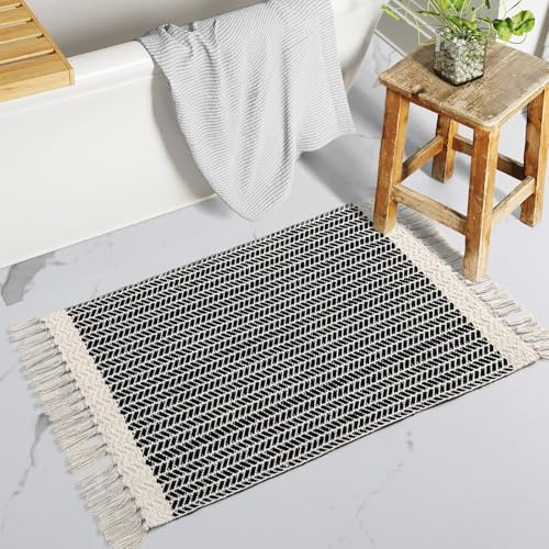 The Seeker Boho Bath Mat, Washable Thin Door Mat Indoor, Small Black Woven Cotton Rug with Tassels for Bedroom, Low Pile Carpet for Entrance, Kitchen, Bathroom or Laundry
