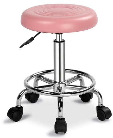 Bonnlo Round Rolling Stool with Wheels - Height Adjustable Swivel Stool - for Salon Massage Home Kitchen Clinic, Weight Capacity 300lbs 150Kg (Pink)