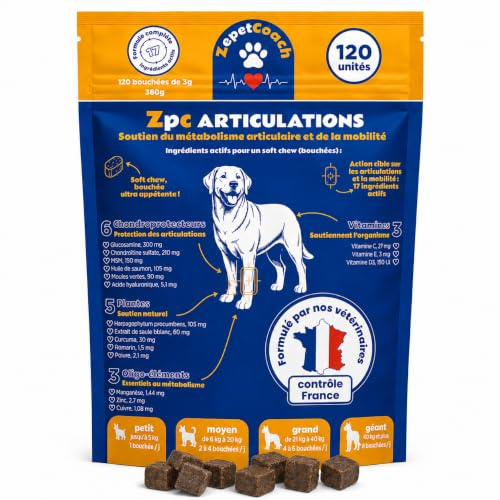ZePetCoach Anti-artros hundleder - 17 aktiva: Glukosamin, kondroitin, MSM, Harpagophytum - Komfort och rörlighet - Fransk veterinärformel - 120 smakbitar