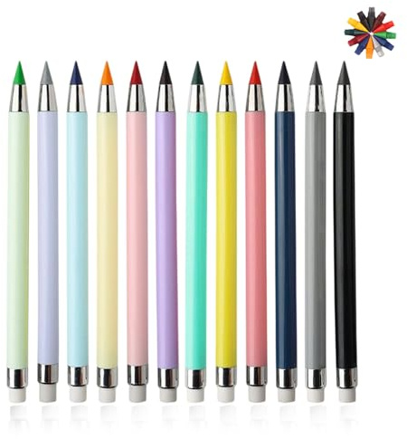 Juego de 12 lápices de colores eternos sin afilar, juego de lápices infinitos con goma de borrar y 12 puntas de repuesto, bolígrafo de borrador, lápiz sin fin reutilizable para estudiantes, adultos
