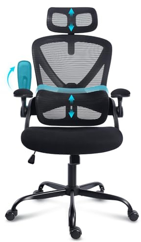 GGCIR Silla de Oficina Ergonómica con Soporte Lumbar Ajustable, Reposabrazos 3D, Reposacabezas 2D, Silla Escritorio de Malla Alta Giratoria para Hogar y Oficina Estudio Gaming，Negro