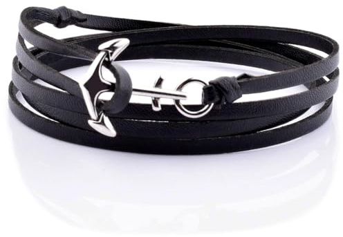 Planetys - Bracelet Ancre - Bracelet Cuir Multi-Rangs en Cuir Noir et Acier 316 L