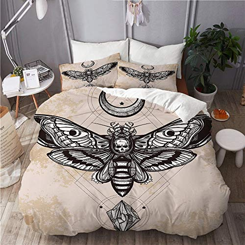 PENGTU Bettwäsche-Set, Mikrofaser,Dead Head Hawk Moth Luna Stein Spirituelle Magic Skull Illustration,1 Bettbezug 135 x 200cm+ 2 Kopfkissenbezug 80x80cm