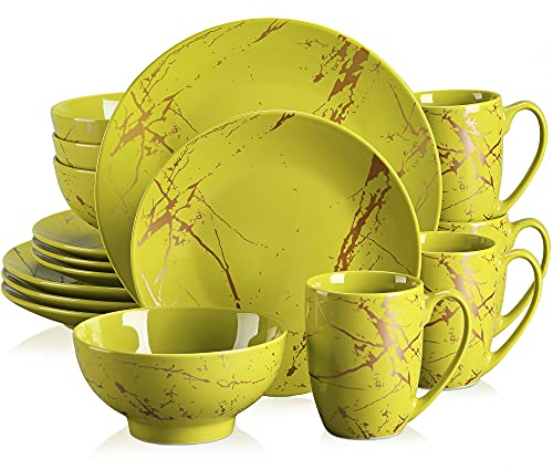 LOVECASA 'Daphne', Dinner Set, Porcelain Dinnerware Tableware, 16 Pieces Dinner Service Set for 4, Include Dinner Plate, Dessert Plate, Cereal Bowl and Mug, Green