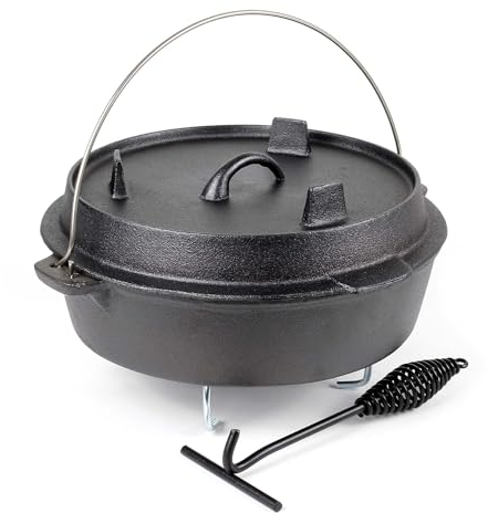 Dutch Oven 6l mit Untersetzer und Deckelheber, Kochtopf aus Gusseisen für Lagerfeuer und Camping