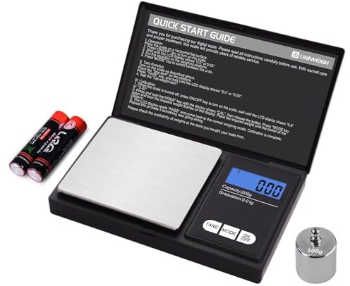 UNIWEIGH Báscula digital de gramos, 200 g, 0,01 g/01 oz, escala de peso en gramos y onzas, mini báscula electrónica inteligente de bolsillo con peso de calibración de 100 g, para grano, oro, joyas