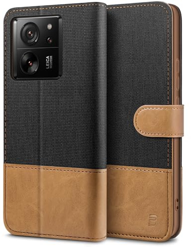 BEZ Fodral för Xiaomi 13T Telefonfodral, Kompatibelt med Xiaomi 13T, Flip Plånboks [Kanvas Fuskläder] med Kreditkortshållare, Sparkstativ, Magnetisk Remstängning, Svart