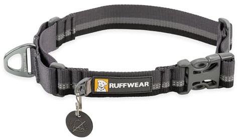 RUFFWEAR Webbreaktionskrage, extra liten hundkrage, justerbar martingalekrage med aluminium V-ring och sidofrigöring, bekvämt tyg reflekterande hundhalsband med tubelock-väv, 28–36 cm, basalgrå