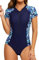 SHEKINI Traje de baño de una pieza con cremallera de protección de manga corta para mujer, Impresión azul, M