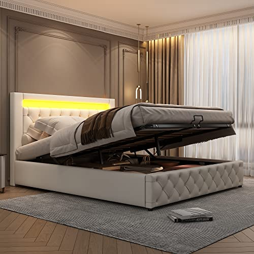 Rtopsu Letto Imbottito Letto Matrimoniale 160x200 cm con Testata a LED, Letti con Contenitore, Struttura Letti con Struttura Metallica Idraulica e Doghe in Legno, PU, Bianco, Senza Materasso