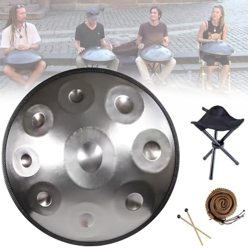 Handpan Trommel Aus Stahl, 56cm 9/10/12 Noten Harmonic Handpan Drum,432 Hz/440 Hz Handtrommel Schlaginstrument Für Camping, Meditation Oder Yoga, D-Moll(Color:Silber,Size:9 Notes(440HZ))