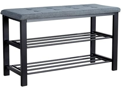Home Source Shoe Storage Bench, 2 Open Shelves, Black Metal Frame, Bedroom Hallway Entryway Organiser, Grey Linen Padded Seat