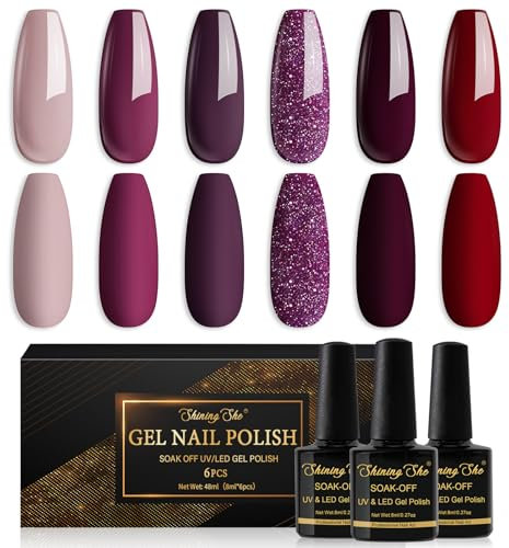 Shining She Esmaltes Semipermanentes para Uñas de Gel UV LED,6 Colors Otoño e Invierno Rojo Oscuro Morado Oscuro Morado Glitter Pintauñas Semipermanentes Nail Art Salón en Casa,8ML