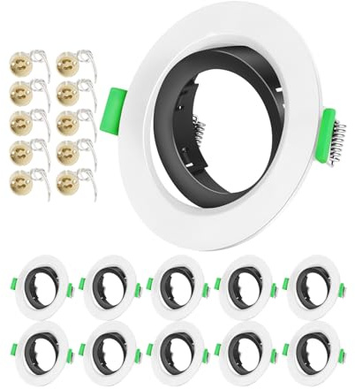 Tofisr - Recessed Spotlight GU10 Pack of 10 Mounting Frame White Exterior Black Interior with Ceramic Socket Diameter 75 mm 35° Swivel for LED Lamps