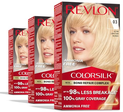 Revlon ColorSilk with Bond Repair Complex, Blonde Permanent Hair Color, 100% Gray Coverage, Ammonia Free Hair Dye, Vegan Keratin, 03 Ultra Light Sun Blonde (Pack of 3)