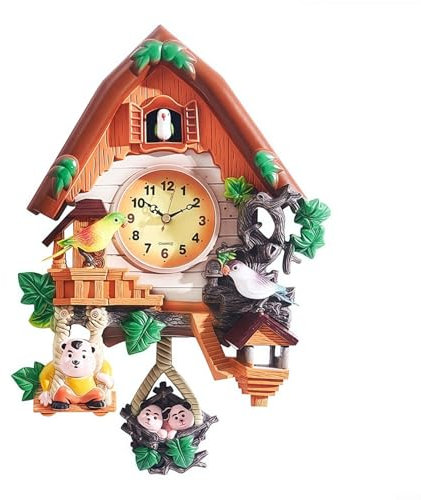 Puupaa Horloge à coucou murale avec pendule alimentée par piles pour décoration murale d'intérieur, salon, cuisine, bureau (jaune)