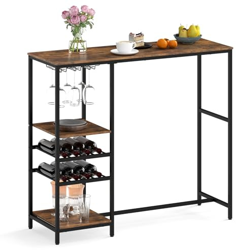 COSTWAY Bbord kök, köksbänk med förvaringsfack, vinhyllor och glashållare, bardisk med metallram, husbar, köksbord bardisk 121 x 41 x 105,5 cm, industriell