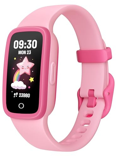 TICTIKY Montre Connectée Enfants avec Écran AMOLED, Tracker d'Activité sans Téléphone, Moniteur de Fréquence Cardiaque et Sommeil, Étanche 3ATM, Podomètre, Alarme, 3 Jeux pour Filles 5-10 Ans