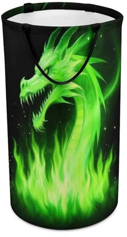 Men's Laundry Basket Freestanding Hamper Fashion Tall Clothes Hamper Black Green Fire Dragon