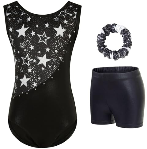 Gymnastics Leotards for Girls - Sparkling Gradient Design, Girls' Three-Piece Sleeveless Gymnastics Leotard Set with Shorts for Ballet & Dance