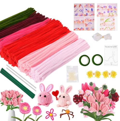 Kuvarix 420 Piezas Limpiapipas Manualidades, 7 Colores de Limpia Pipas, Set de Ramo de Chenilla Flores con Cinta Floral, Alambre, Estambres, etc, para Regalos Artesanales y Decoración del Hogar
