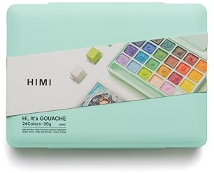 HIMI Jelly Cup Gouache Set 24 Paint Colours, Green Case, Add Water to Reactivate, Smooth, Rich Colours, Gift, Artist Art Supplies, Large Scale Art Work to Fine Details, Ready to Use Gouache Colors