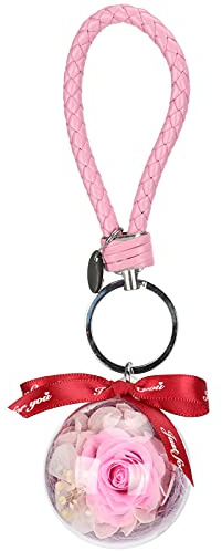 Porte-clés en forme de fleur préservée, pendentif boule ronde créative à suspendre, cadeau artisanal, ornement pour femmes et filles, accessoires de sac, fleur éternelle, (Rose)