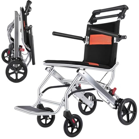 Silla de ruedas plegable ligera de 8 kg Ultra Light Transport Sillas de ruedas con freno, silla de ruedas para adultos con bolsa para apartamentos y viajes, silla de ruedas estrecha para el