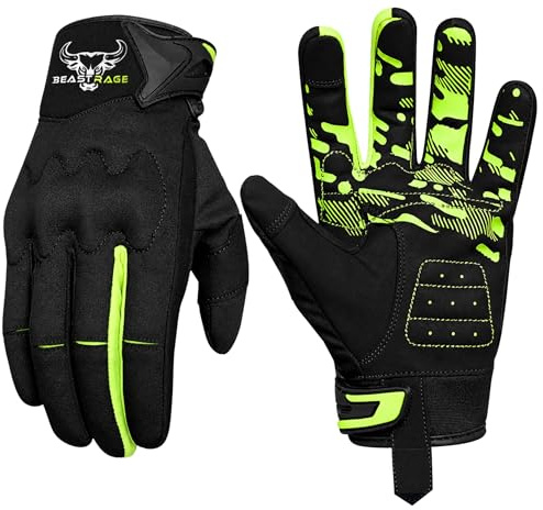 BEAST RAGE Guanti da moto per uomo e donna, guanti da moto compatibili con touch screen, presa antiscivolo, rinforzi alle articolazioni, leggeri e traspiranti per ciclismo (Neon, M)