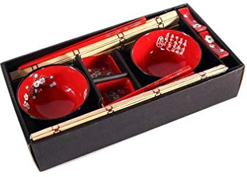 lachineuse – Juego de arroz tradicional japonés para 2 personas, de porcelana, con cuencos, salchichas, palillos y coletas de bambú, color negro y rojo – Vajilla cuencos de sopa – Regalo de Asia China