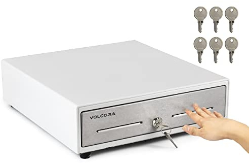 Volcora 13 Manual Push Open Cash Register Drawer for Point of Sale (POS) System - White with Stainless Steel Front Touch Panel - with 4 Bills and 5 Coin Slots, Key Lock with Removable Coin Tray