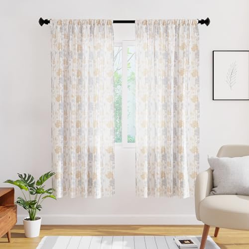 Encasa XO Polyester Semi-Transparent imprimé 140 cm W x 183 cm L Rideaux avec Cravate arrière 6 ft, Branches d'oranger - 2 Paquet - ne Pas rétrécir et Lavable
