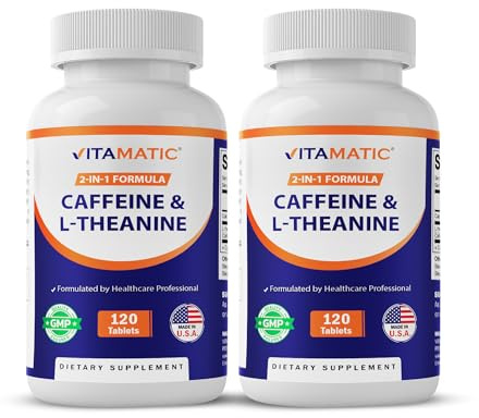 Vitamatic Caffeine Pills with L-Theanine – 300 mg Per Tablet – 120 Vegetarian Tablets (Pack of 2, Total 240 Tablets)