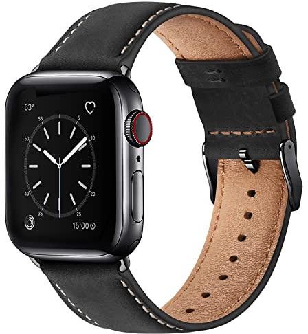 WFEAGL Lederarmband Kompatibel mit Apple Watch Armband 41mm 40mm 38mm 42mm(Series 11 10),Echtes Lederband Ersatzarmband Herren Damen Armband für iWatch Series Ultra SE 11 10 9 8 7 6 5 4 3 2 1,Schwarz