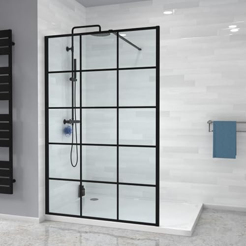 Nes Home Black Grid 1200mm Shower Screen 8mm Tempered Glass with Support Bar