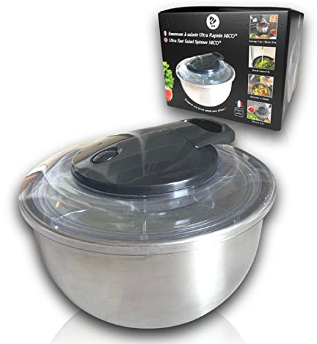 NICO Professionelle Salatschleuder, hohe Kapazität (5 l) & hochwertiger Edelstahl, ultraschnelles Schleudern & Stopp-Knopf, einfache Reinigung in der Spülmaschine & als Salatschüssel verwendbar