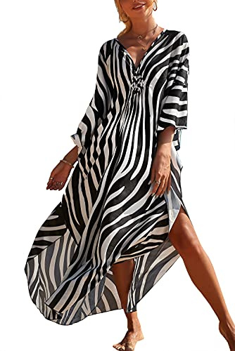 LikeJump Dam Boho Kaftan strand täcker badkläder kimono maxiklänning plusstorlek Tpos, B Randig Vit Svart, one size